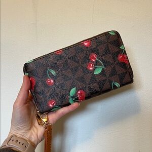 Brown Cherry Print Zip Wallet Wristlet